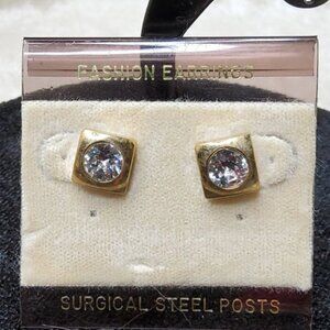 vintage new fashion gold tone clear rhinestone center surgical steel posts earri